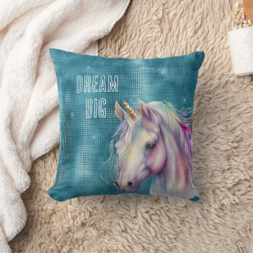 Turquoise Sparkle Unicorn Name Throw Pillow