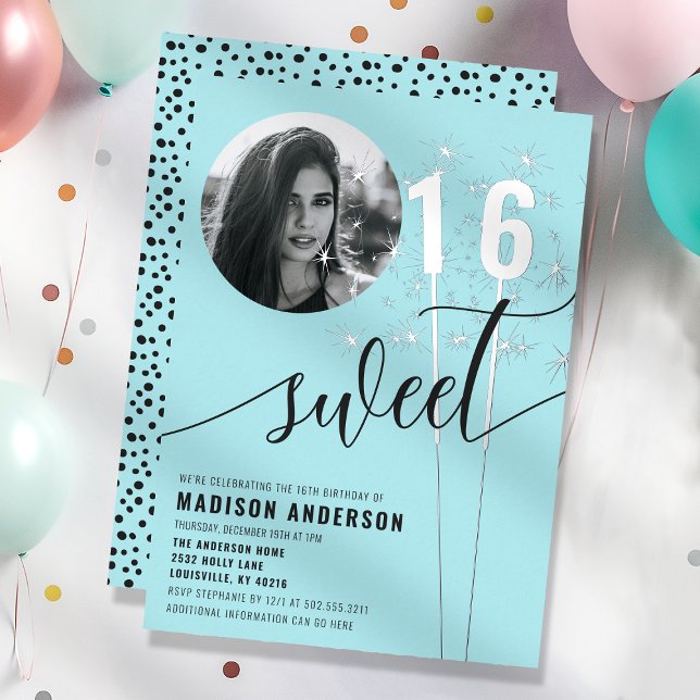 Turquoise Sparkler Sweet 16 Birthday Photo Foil Invitation (Creator Uploaded)