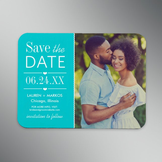 Turquoise Split Panel Photo Save the Date Magnet (Creator Uploaded)