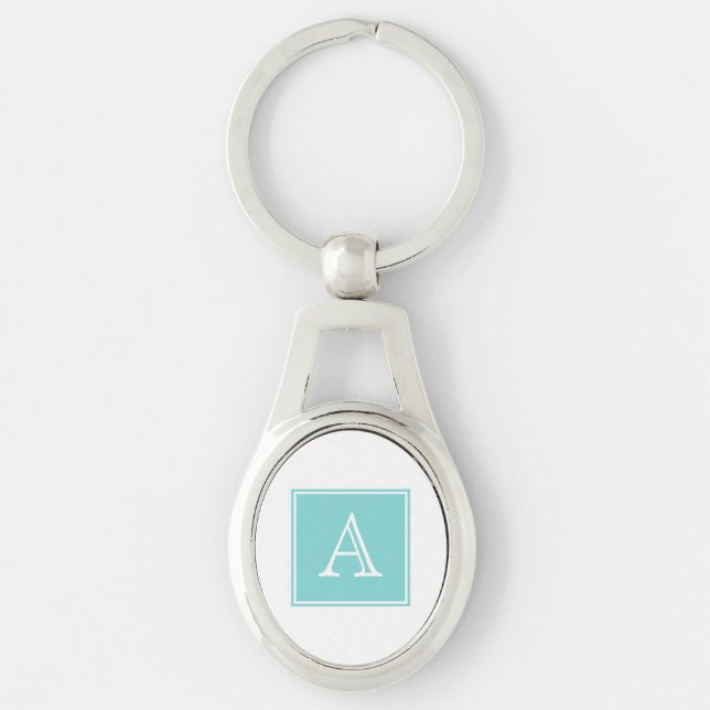 Turquoise Square Monogram Metal Keychain (Front)