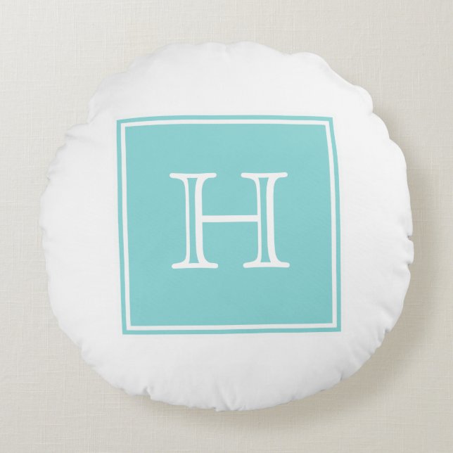 Turquoise Square Monogram Round Pillow (Front)