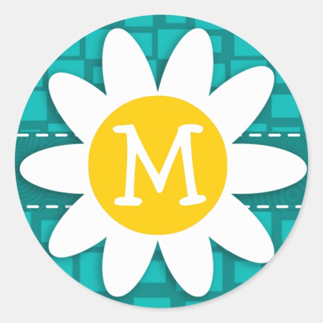 Turquoise Squares; Retro Square; Daisy Classic Round Sticker (Front)
