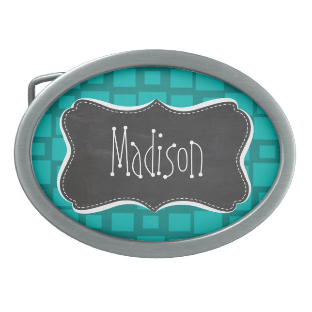 Turquoise Squares; Vintage Chalkboard Oval Belt Buckle (Front)