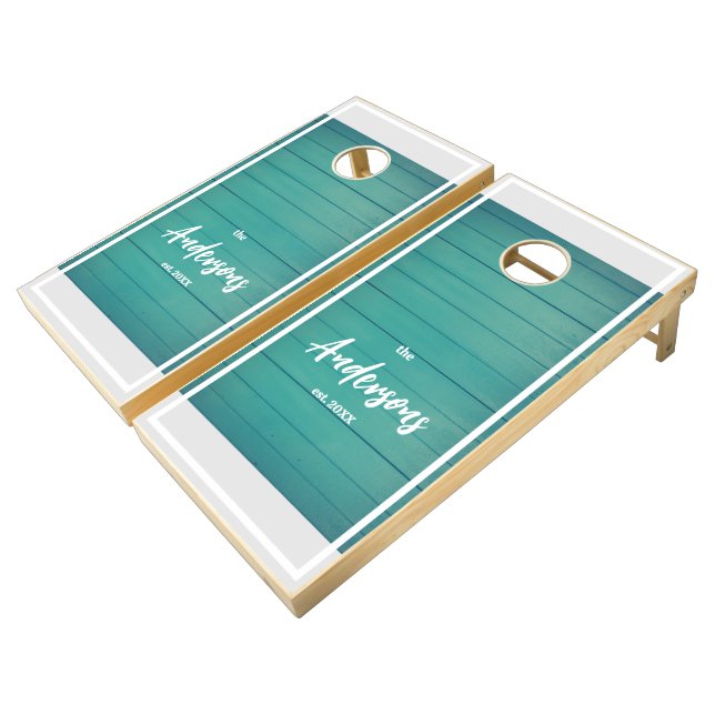 Turquoise Stained Boards Family Name Cornhole Set (Angled)