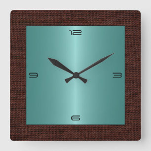 Turquoise Stainless Steel Modern Burlap Border #2 Square Wall Clock