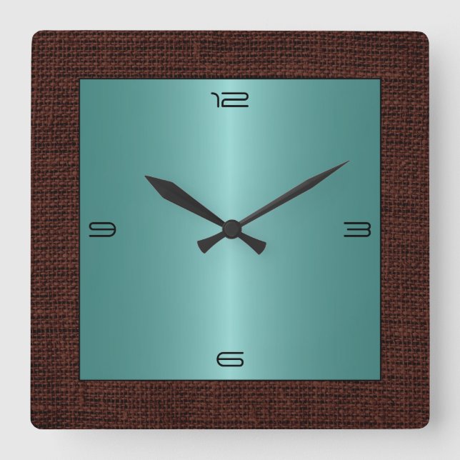 Turquoise Stainless Steel Modern Burlap Border #2 Square Wall Clock (Front)