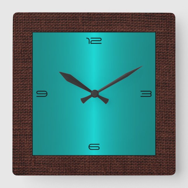 Turquoise Stainless Steel Modern Burlap Border Square Wall Clock (Front)