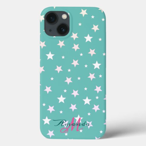 Turquoise Star Pattern Girly Monogram Name iPhone 13 Case