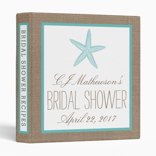 Turquoise Starfish Beach Bridal Shower Recipe 3 Ring Binder (Front/Spine)