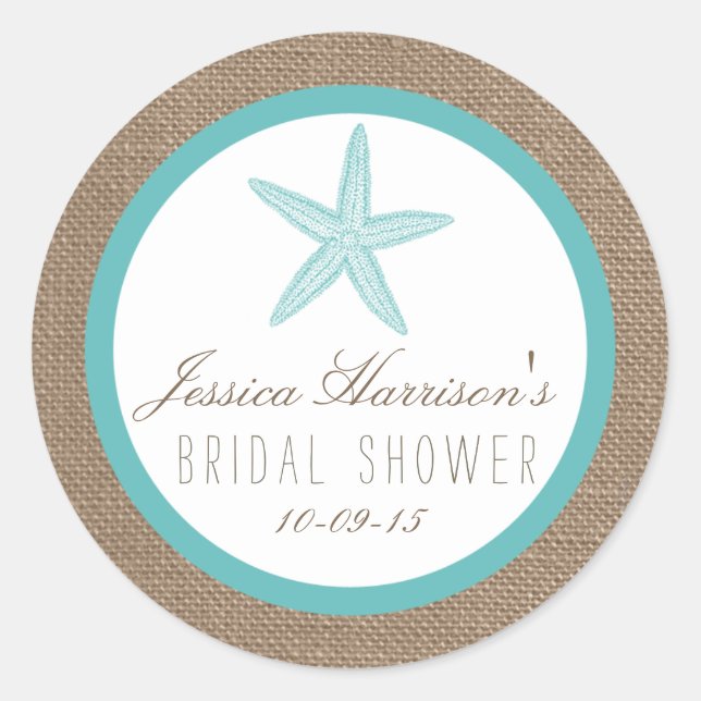 Turquoise Starfish Beach Bridal Shower Stickers (Front)