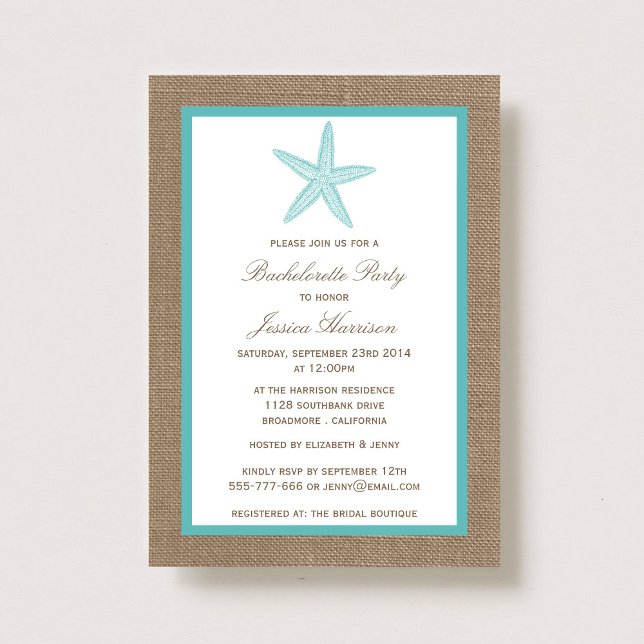 Turquoise Starfish Beach Burlap Bachelorette Party Invitation (Creator Uploaded)