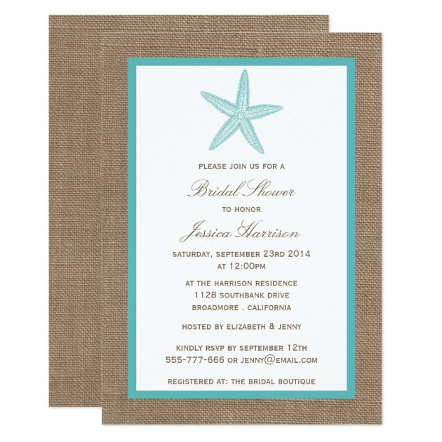 Turquoise Starfish Beach Burlap Bridal Shower Invitation