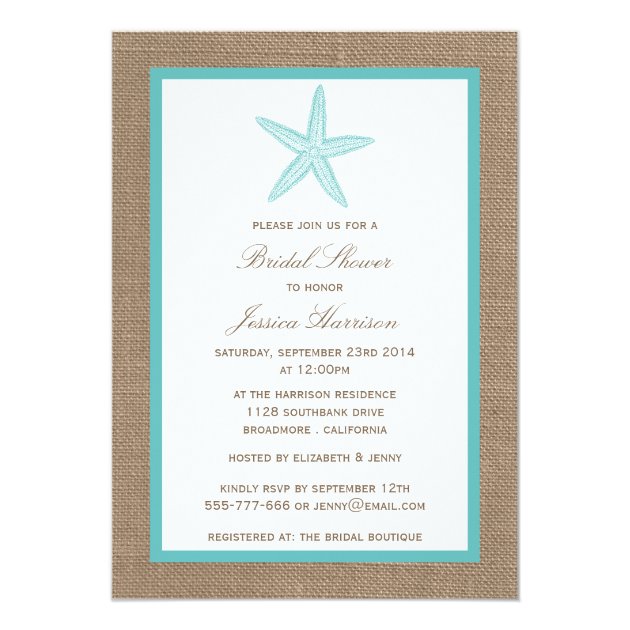 Turquoise Starfish Beach Burlap Bridal Shower Invitation