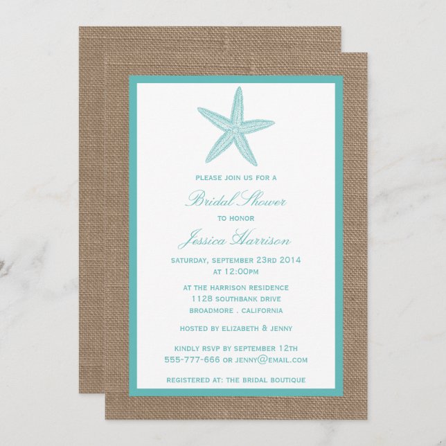 Turquoise Starfish Beach Burlap Bridal Shower Invitation (Front/Back)