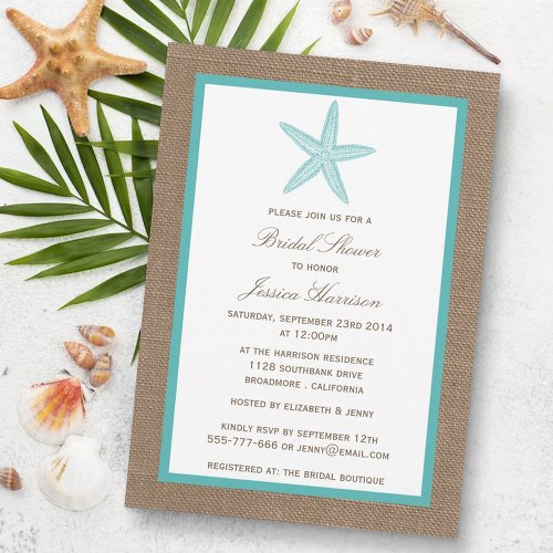 Turquoise Starfish Beach Burlap Bridal Shower Card