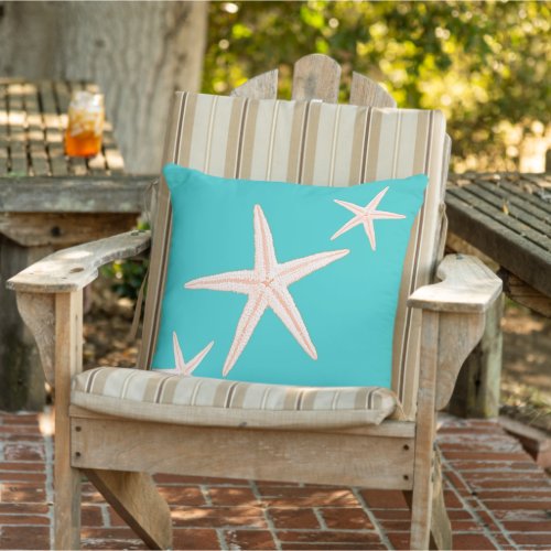Turquoise Starfish Beach House Decorative Outdoor Pillow