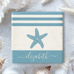 Turquoise starfish beach house script name vintage stone coaster<br><div class="desc">Feel the coastal vibes and relax with your favorite beverage, all while protecting your furniture, with this beautiful, chic, simple, vintage, custom monogram name stone coaster. A graphic, teal blue vintage starfish overlays a white background accented with nautical teal blue stripes. Personalize with your name. Makes a stylish statement every...</div>