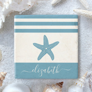 Turquoise starfish beach house script name vintage stone coaster