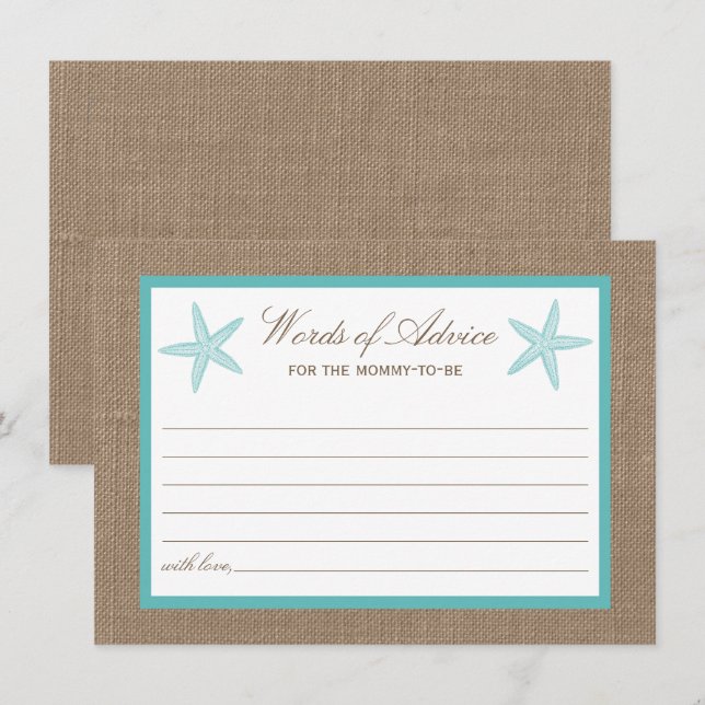 Turquoise Starfish Burlap Beach Baby Shower Advice Card (Front/Back)