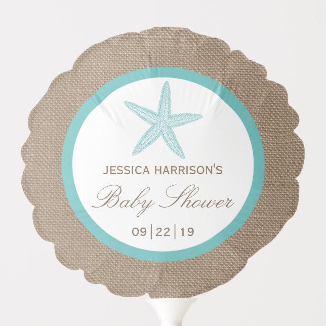 Turquoise Starfish Burlap Beach Baby Shower Balloon (Front)