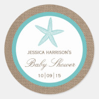 Turquoise Starfish Burlap Beach Baby Shower Classic Round Sticker