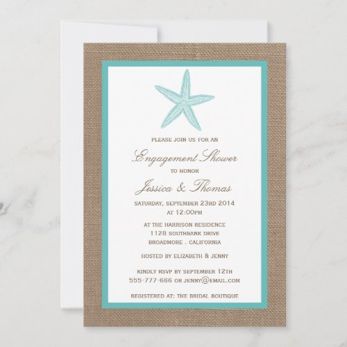 Turquoise Starfish Burlap Beach Engagement Shower Invitation