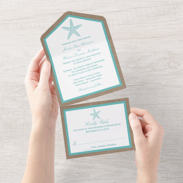 Turquoise Starfish Burlap Beach Wedding Collection All In One Invitation (Tearaway)