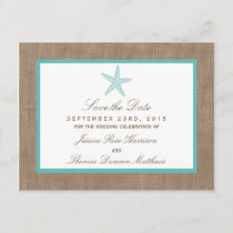Turquoise Starfish Burlap Beach Wedding Collection Announcement Postcard