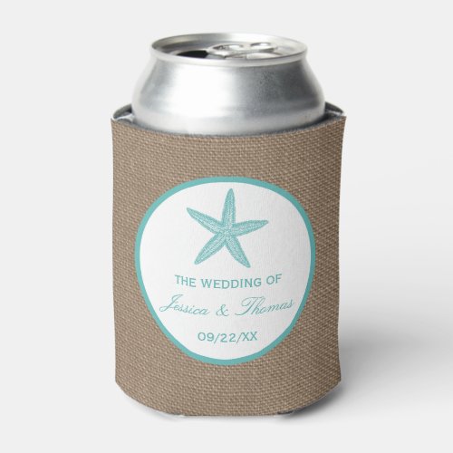Turquoise Starfish Burlap Beach Wedding Collection Can Cooler