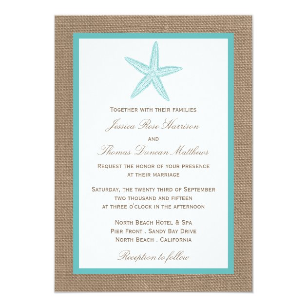 Turquoise Starfish Burlap Beach Wedding Collection Invitation
