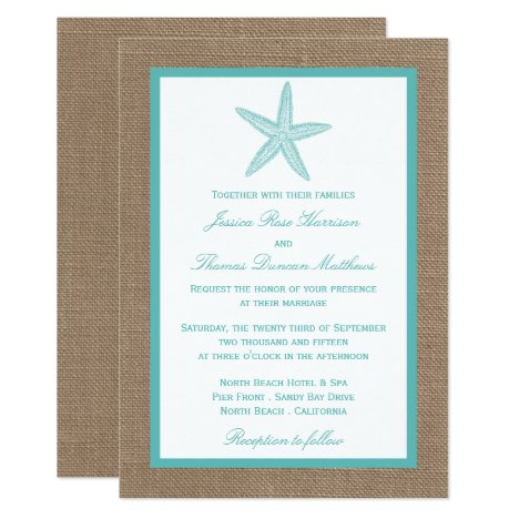Turquoise Starfish Burlap Beach Wedding Collection Card