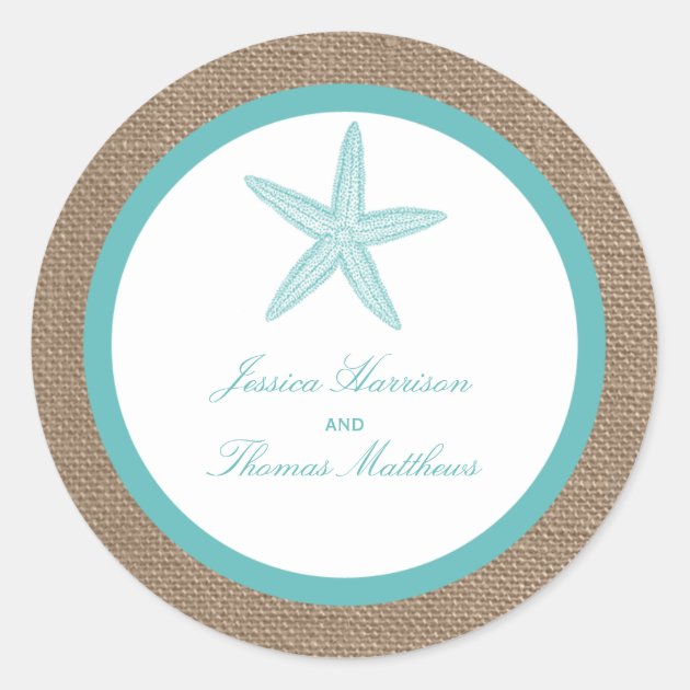 Turquoise Starfish Burlap Beach Wedding Collection Classic Round Sticker