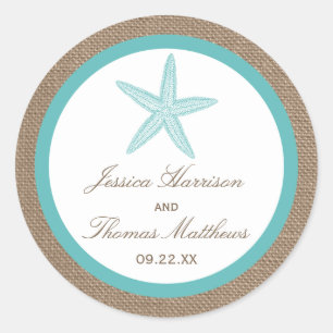 Turquoise Starfish Burlap Beach Wedding Collection Classic Round Sticker
