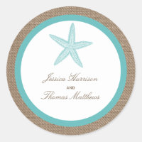 Turquoise Starfish Burlap Beach Wedding Collection Classic Round Sticker