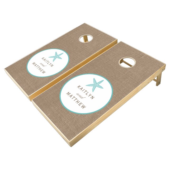 Turquoise Starfish Burlap Beach Wedding Collection Cornhole Set (Angled)