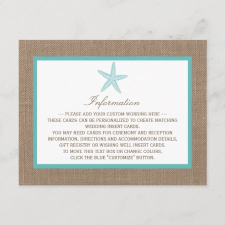 Turquoise Starfish Burlap Beach Wedding Collection Enclosure Card