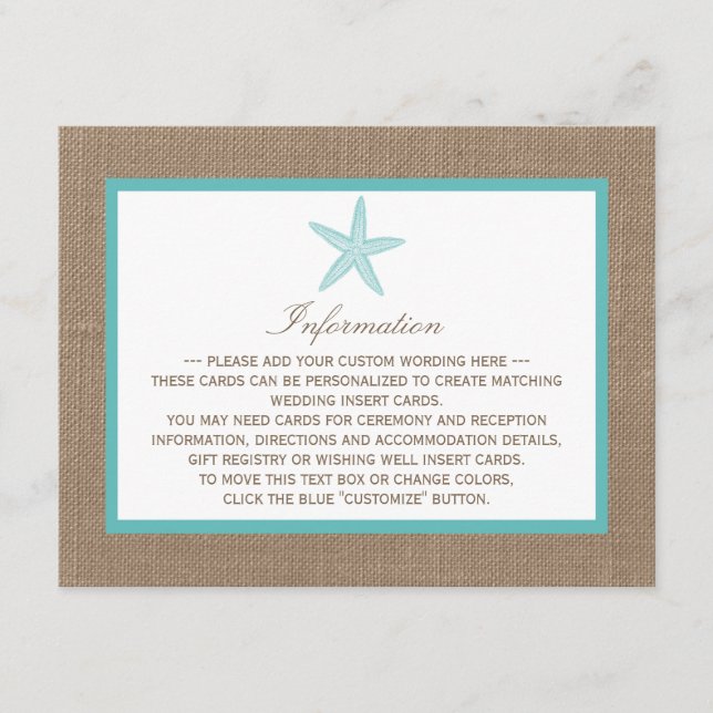 Turquoise Starfish Burlap Beach Wedding Collection Enclosure Card (Front)