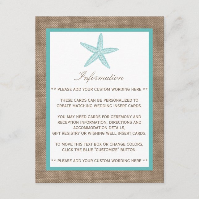 Turquoise Starfish Burlap Beach Wedding Collection Enclosure Card (Front)