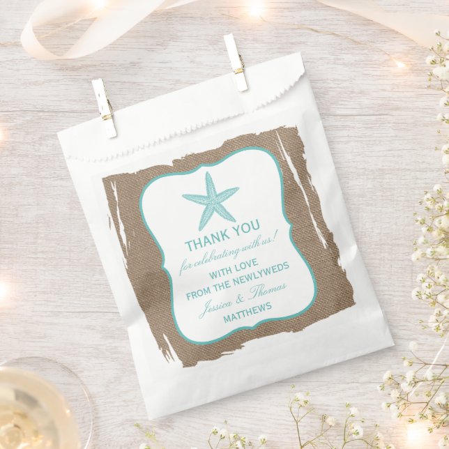 Turquoise Starfish Burlap Beach Wedding Collection Favor Bag (Clipped)