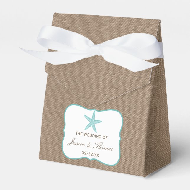 Turquoise Starfish Burlap Beach Wedding Collection Favor Boxes (Front Side)