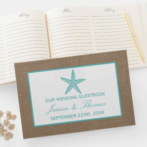 Turquoise Starfish Burlap Beach Wedding Collection Guest Book