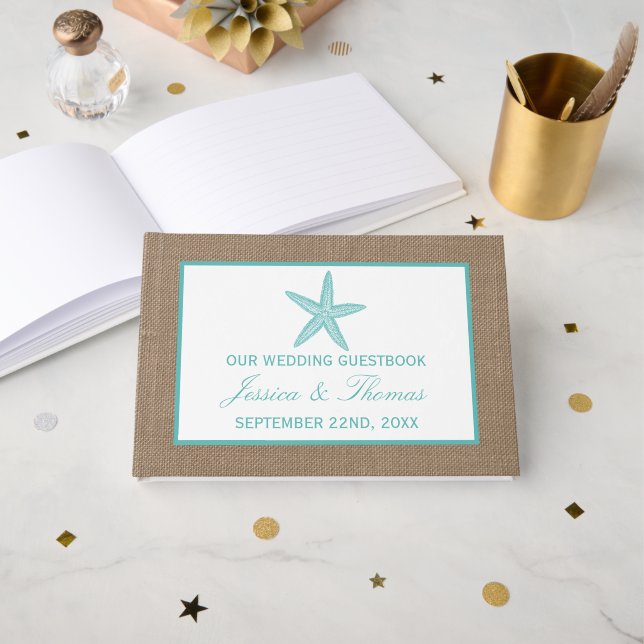 Turquoise Starfish Burlap Beach Wedding Collection Guest Book (Front Open)