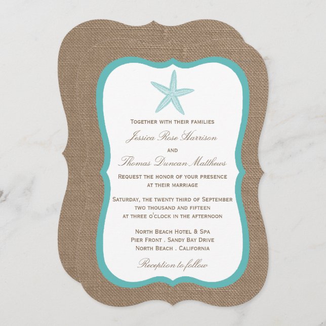 Turquoise Starfish Burlap Beach Wedding Collection Invitation (Front/Back)