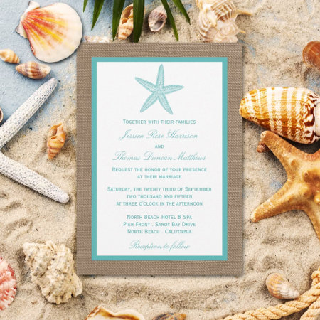 Turquoise Starfish Burlap Beach Wedding Collection Invitation