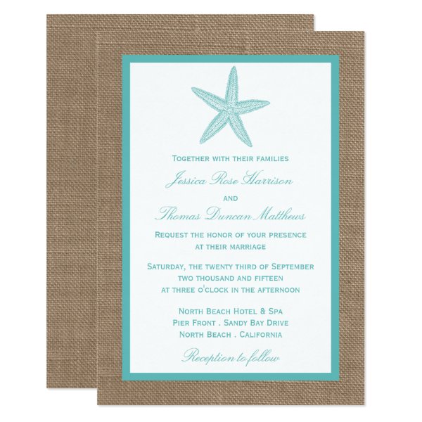 256690335021966126 Turquoise Starfish Burlap Beach Wedding Collection Invitation