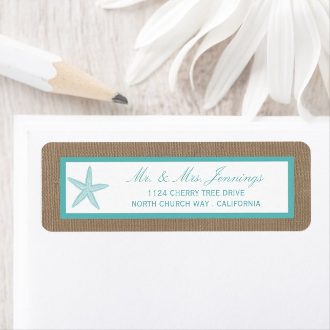 Turquoise Starfish Burlap Beach Wedding Collection Label (Insitu)