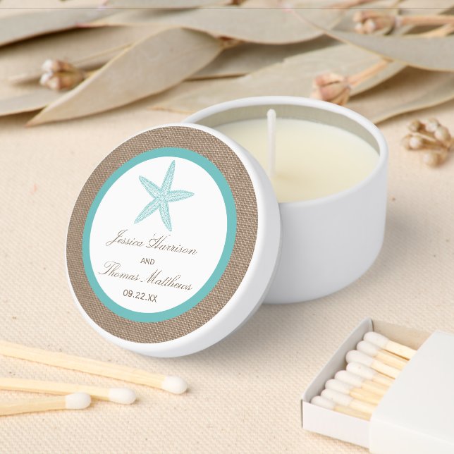 Turquoise Starfish Burlap Beach Wedding Collection Mini Candle Favors (Insitu)
