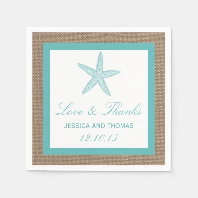 Turquoise Starfish Burlap Beach Wedding Collection Paper Napkin