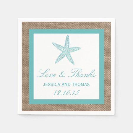 Turquoise Starfish Burlap Beach Wedding Collection Paper Napkins