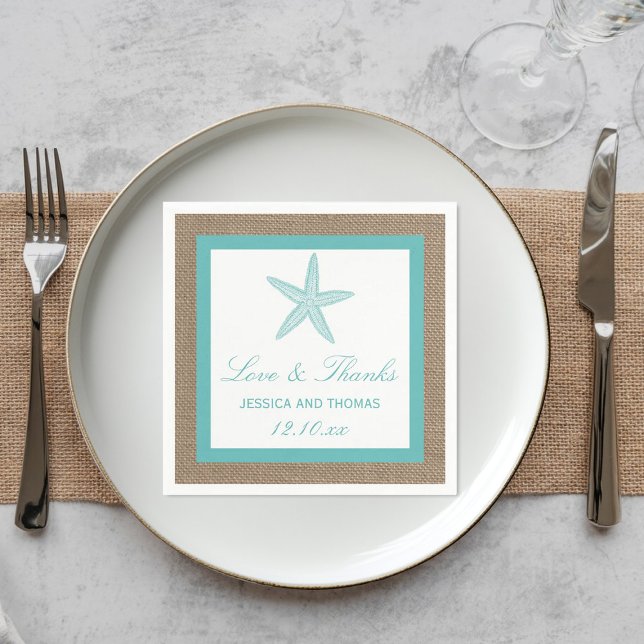 Turquoise Starfish Burlap Beach Wedding Collection Paper Napkins (Creator Uploaded)